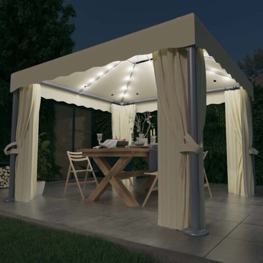 vidaXL Paviljong med gardin og LED-strenglys 3x3 m kremhvit vidaXL Paviljong med gardin og LED-strenglys 3x3 m kremhvit