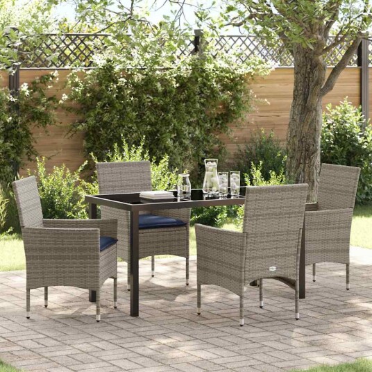 vidaXL Bord og stolsett med pute 5 pcs Grå PE Rattan