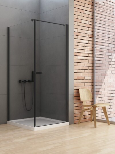 NEW SOLEO Dusjhjørne med svingdør og fastvegg | Vinkelrett beslag | Sort Matt 90x90x195 NEW SOLEO Dusjhjørne med svingdør og fastvegg | Vinkelrett beslag | Sort Matt 90x90x195