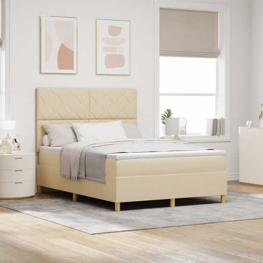 Box Spring Seng med Madrass & LED Krem 140x200 cm Stoff