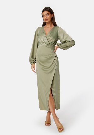 Bubbleroom Occasion L/S wrap satin midi dress Green M Bubbleroom Occasion L/S wrap satin midi dress Green M