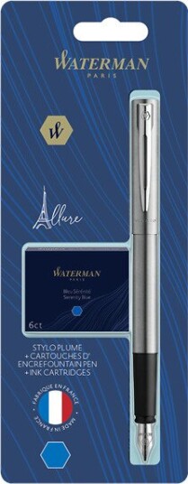 Waterman Allure Stainless Steel Fountain pen F Blue ink + ink refills 6 Pack