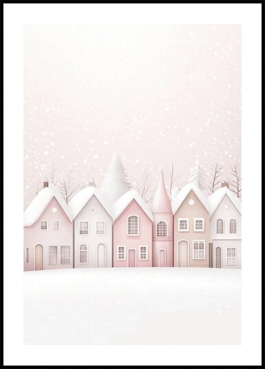 Watercolor Snowy Pink Houses Plakat Plakat / 30x40cm