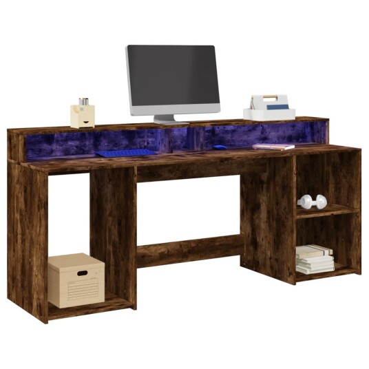 Skrivebord med LED-lys røkt eik 200x55x91 cm konstruert tre
