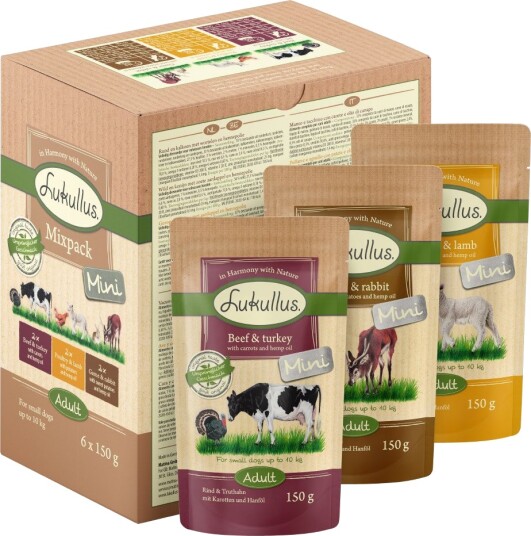 Lukullus Våtfôr Adult Naturkost Mini Mix & Vilt & Fjærkre & Kalkun Lam Storfe 6 X 150 G