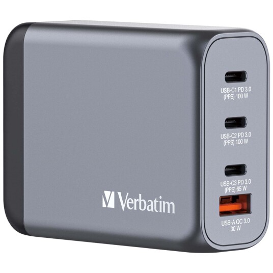 Verbatim GNC-100 100W GaN USB-vegglader med 4 porter - Grå Verbatim GNC-100 100W GaN USB-vegglader med 4 porter - Grå