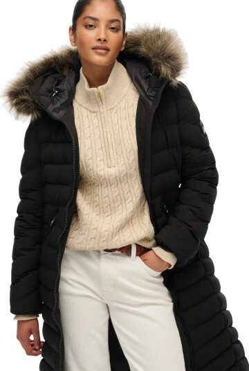 Superdry Fuji Faux Fur Hooded Longline - Black - XS Superdry Fuji Faux Fur Hooded Longline - Black - XS