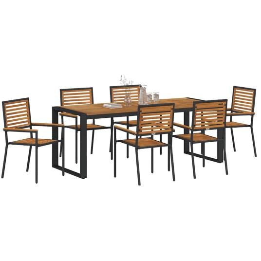  7 deler Hage spisebordsett Svart Poly Rattan Akasie