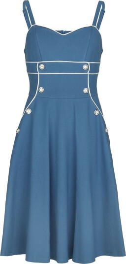 Voodoo Vixen Rockabilly Middellang kjole Asymmetrisk Kjole med Knapper og Pinstriper XS til XXL Damer blå