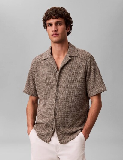 Calvin Klein Ss Mesh Camp Collar Button Front   Beige   XL