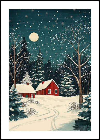 Red Houses and Snowy night sky Plakat Plakat / 40x50cm Red Houses and Snowy night sky Plakat Plakat / 40x50cm