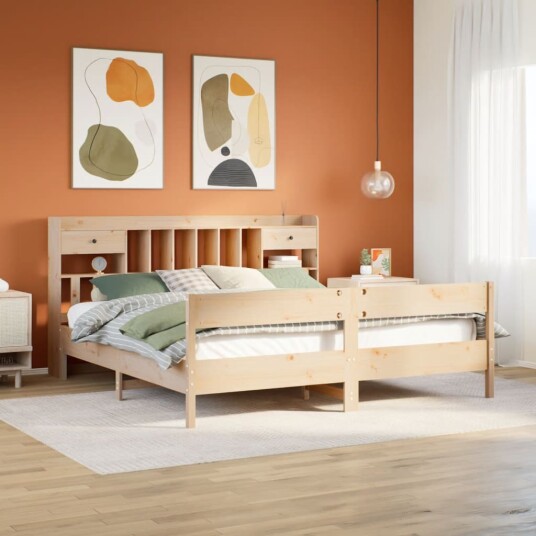 Seng med bokhylle uten madrass 200x200 cm heltre furu 8721158618016