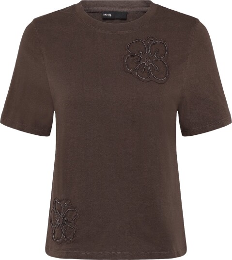 Mango Cotton T Shirt With Floral Embroideries Brown XS