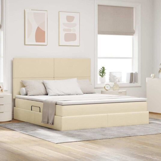 Seng med Oppbevaring med madrass Creme 180 x 200 cm Kunstlær Seng med Oppbevaring med madrass Creme 180 x 200 cm Kunstlær