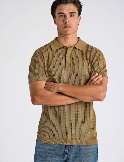 Lindbergh Crochet Knitted S/S V-Neck Polo - Khaki green - M