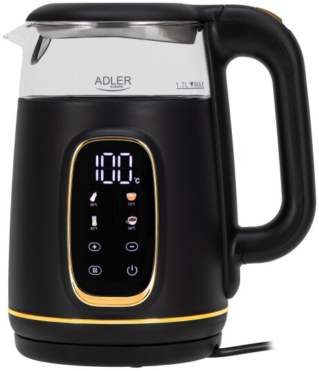 Adler 1305BG Elektrisk Vannkoker 1,7L 2200W Temperatursensor 40-100°C LCD Display Svart/Gull