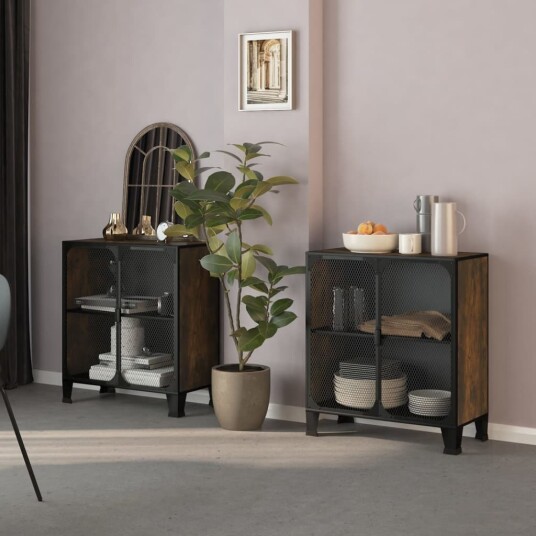 vidaXL Oppbevaringsskap 2 stk rustikk brun 72x36x82 cm metall og MDF vidaXL Oppbevaringsskap 2 stk rustikk brun 72x36x82 cm metall og MDF