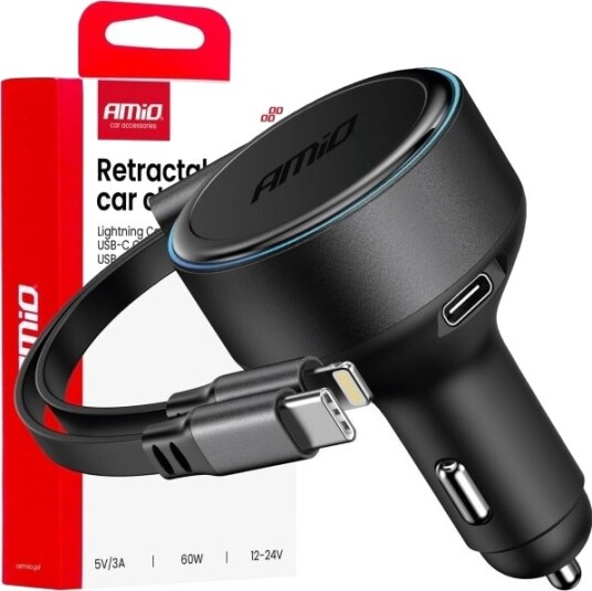 Amio Bil-Lader med Uttrekkbar C-Kabel og Lightning 12/24V 60W Amio Bil-Lader med Uttrekkbar C-Kabel og Lightning 12/24V 60W