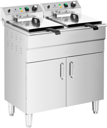 Royal Catering Dobbel frityrkoker - 26 l - 10 000 W - avløpsventil - kald sone - med underskap 10012010 Royal Catering Dobbel frityrkoker - 26 l - 10 000 W - avløpsventil - kald sone - med underskap 10012010