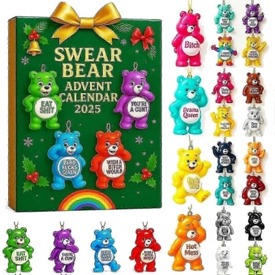 Swear Bear Adventskalender 2025 Morsom Julekalender Samleobjekt Plysj Gavesett Festlig Spøk Legetøy for Voksne og Tenåringer