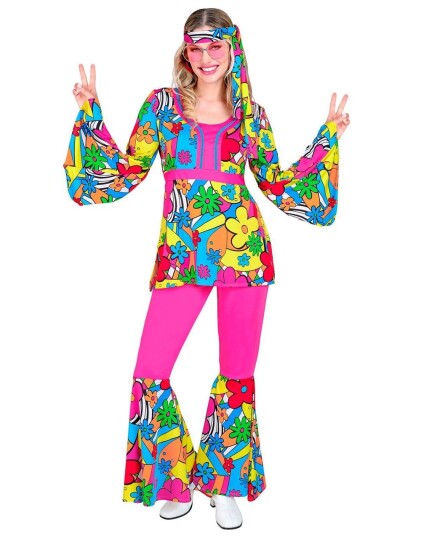 60"s Rosa Hippiekostyme med Fargerike Blomster til Dame L