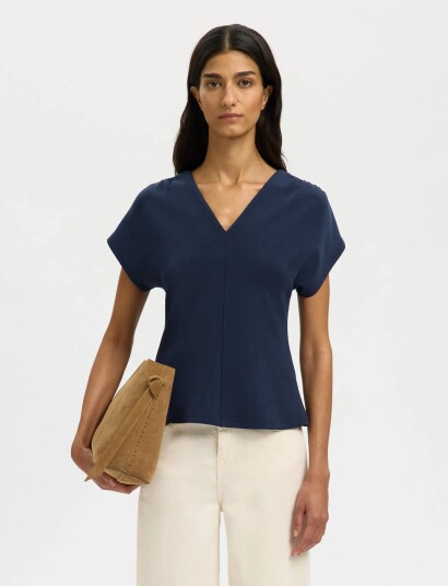 Selected Slftenny Ss V Neck Gathered Top Noos   Navy   XS