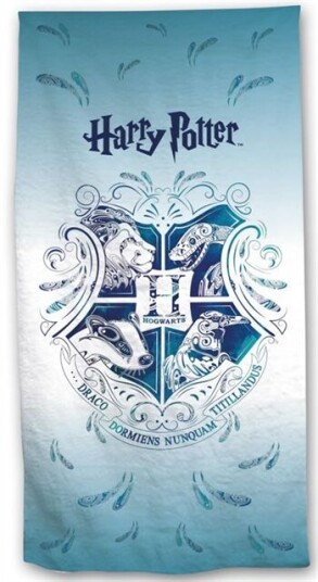 Licens Badehåndkle - Harry Potter - Hogwarts logo Blå - 70x140cm - 100% Bomull