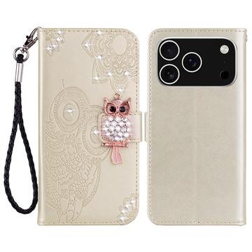 iPhone 17 Pro Ugle Rhinestone Lommebok deksel   gull