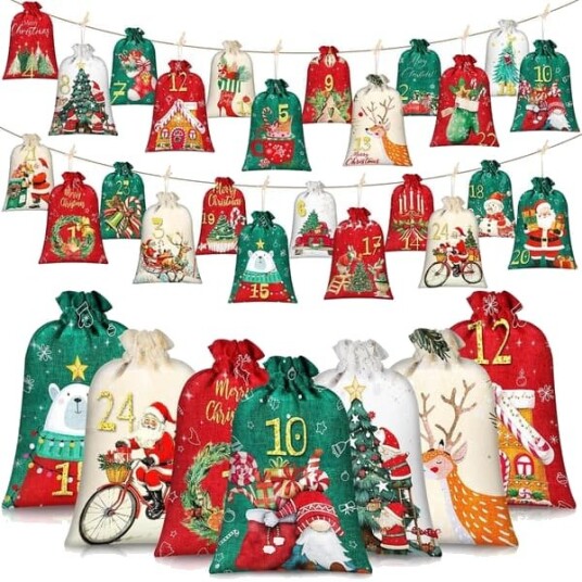24 delt adventskalender til å fylle stor pose DIY for å fylle selv gaveposer adventsposer julekalender stoffposer for barn og voksne