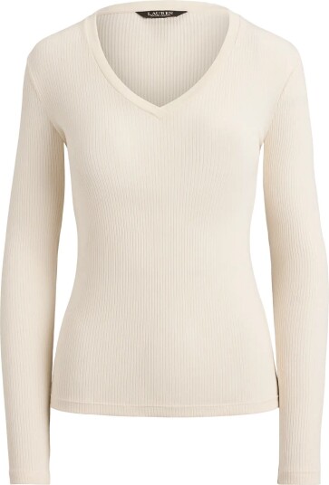 Lauren Ralph Lauren Rib Knit Long Sleeve V Neck Top MASCARPONE CREAM L