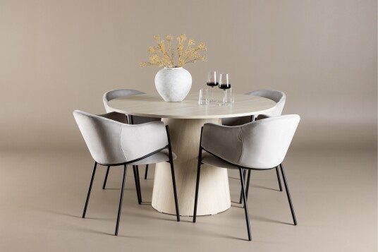Venture Home Lanzo Spisegruppe 120 cm Rund med 4 Evelina stoler Whitewash/Grå