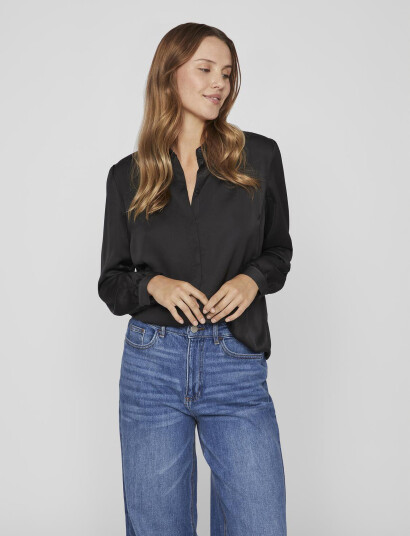 Vila Viellette Satin L/S Shirt - Noos - Black - 44