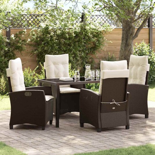5 Delt Hage Spisesett med Puter Brun Poly Rattan