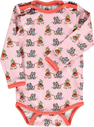 Småfolk Long Sleeved Baby Body With Rabbits Sledding Pink 56