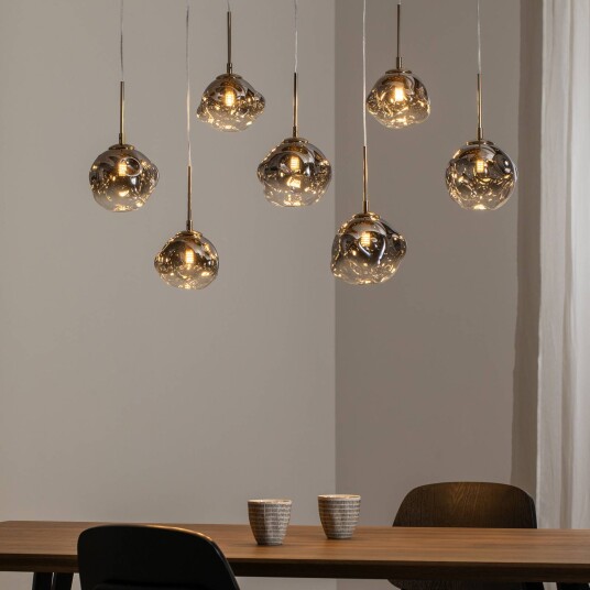 Lucea Herman hengelampe 7 lyskilder gullfarget lengde 97 cm glass