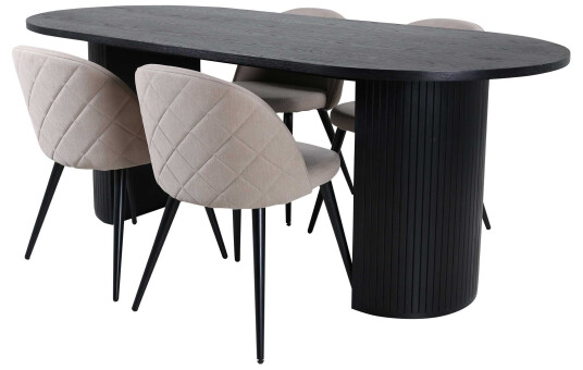 Venture Design Bianca & Velvet spisegruppe Beige/svart 4 stoler & bord 200 x 90 cm