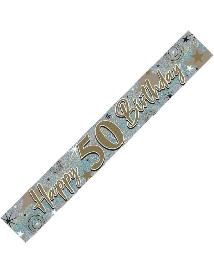 Happy 50th Birthday 2,6 Meter Sølvfarget Holografisk Banner