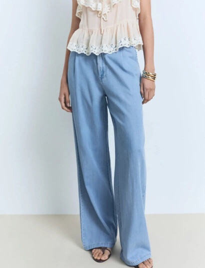 Mango Wide Leg Lyocell Pants With Pleats - Blue - 34
