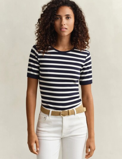 GANT Striped Ribbed Ss T Shirt Navy S
