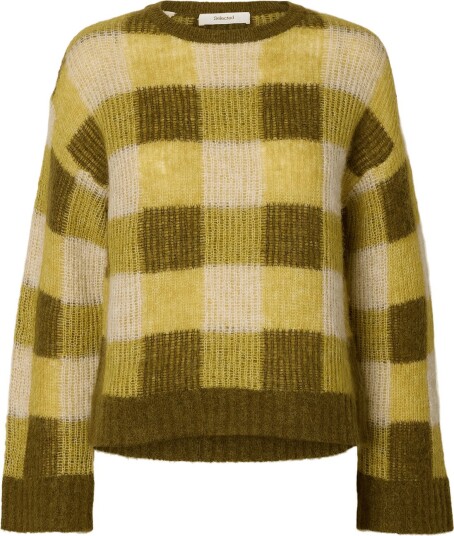 Selected Slwlulu Loose Ls Check Knit O Neck AVOCADO OIL M Selected Slwlulu Loose Ls Check Knit O Neck AVOCADO OIL M