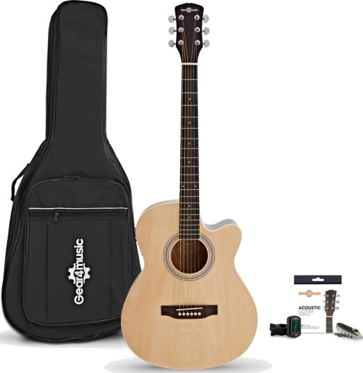 Gear4Music Single Cutaway Elektroakustisk Gitar Natur med Tilbehørspakke