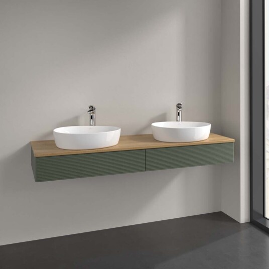 Villeroy & Boch Antao Servantskap med 2 skuffer 160x50x19 cm m/lys Grønn Matt/Eik Villeroy & Boch Antao Servantskap med 2 skuffer 160x50x19 cm m/lys Grønn Matt/Eik