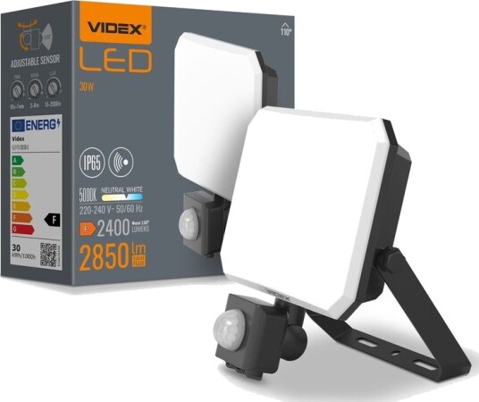 Videx 30W LED lyskaster med sensor   5000K IP65 sort PIR bevegelsessensor utendørs   Kulør : Nøytral