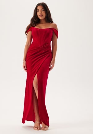Goddiva Velvet Bardot Corset Maxi Dres Wine XL UK16