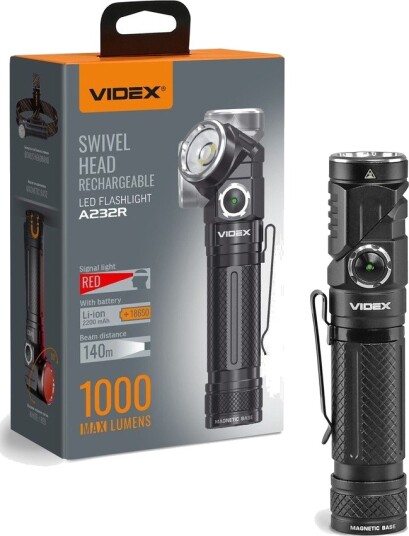Videx LED lommelykt, oppladbar - Magnetisk, 1000lm, USB-C, Roterbar, Hvit+rødt lys - Kulør : Nøytral