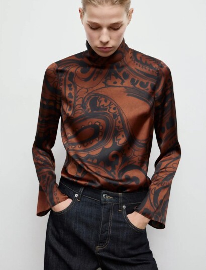 Mango Paisley Print Satin Blouse Brown S