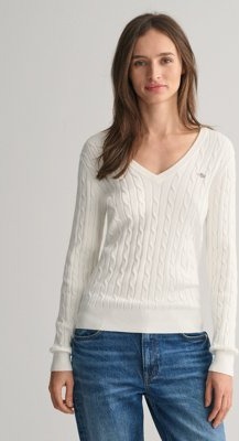 Kabelstrikket bomullsgenser med stretch og v-hals EGGSHELL S Kabelstrikket bomullsgenser med stretch og v-hals EGGSHELL S