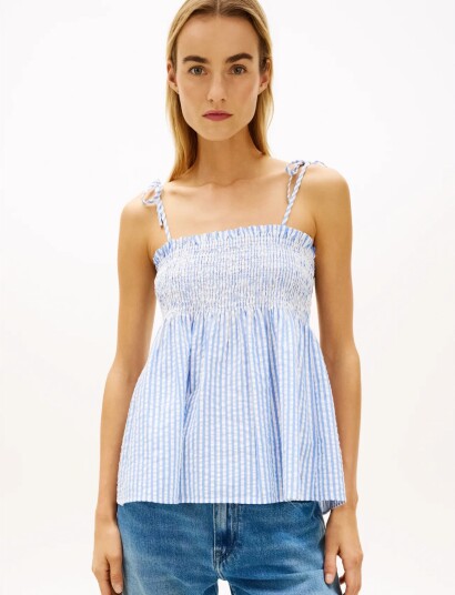 Tommy Hilfiger Swimshop Seersucker Smocked Top Blue M Tommy Hilfiger Swimshop Seersucker Smocked Top Blue M