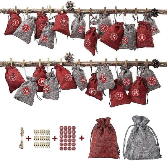 Adventskalender for fylling av tøyposer 1 24 Adventsnummer klistremerker Jute Gavepose Julekalender Håndverkssett Håndverksfyllingspose med snorer