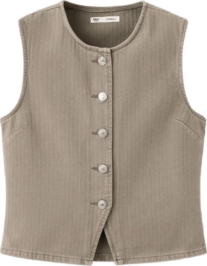 Mango Teen Striped Denim Gilet   Khaki green   XXS
